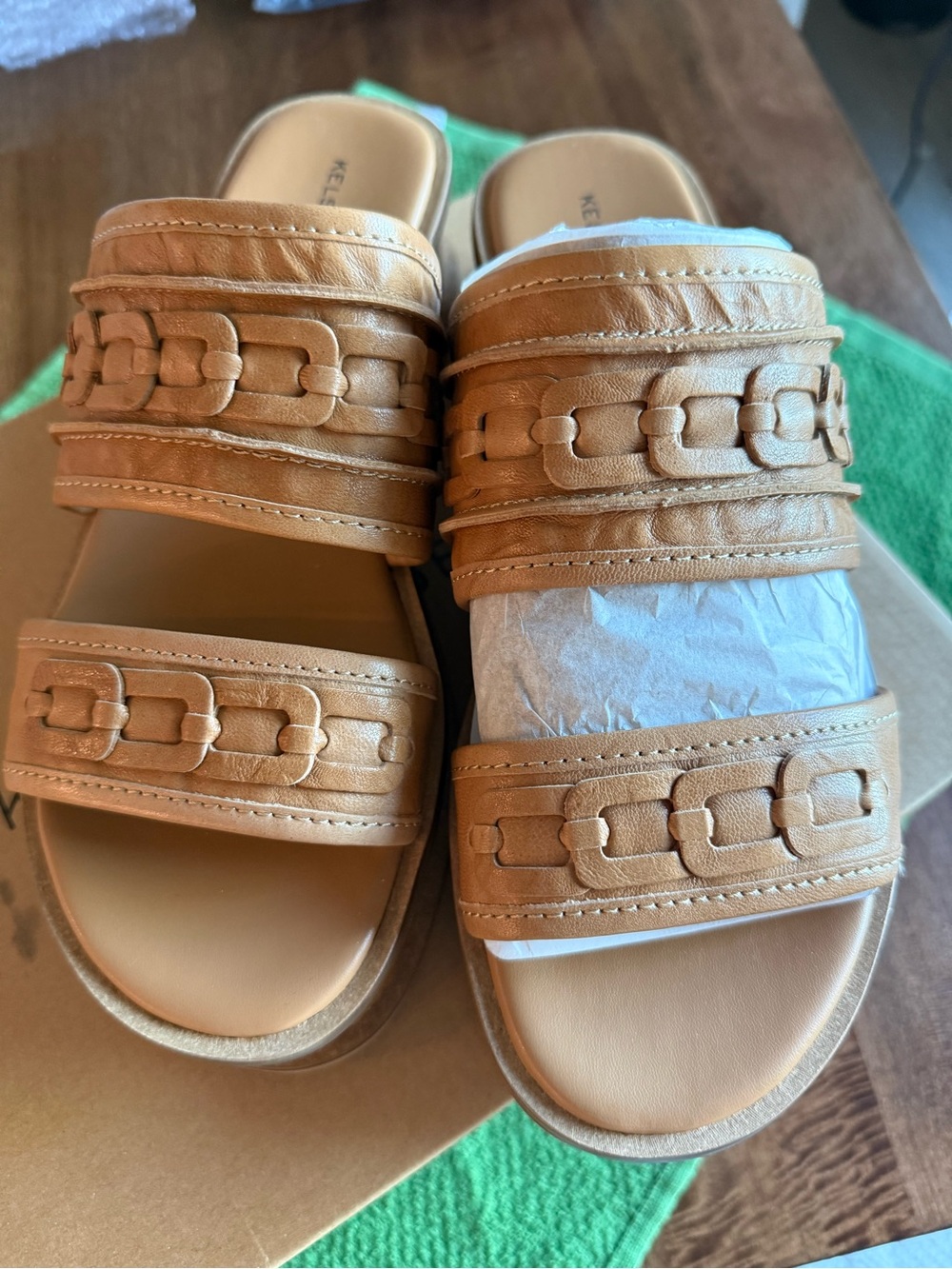 Kelsi Dagger Tan Leather Double-Strap Slide Sandals
